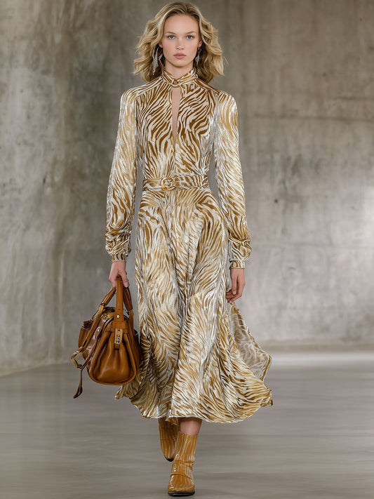 Fashion Retro Champagne Velvet Gold Zebra Pattern Long-Sleeved Midi Dress
