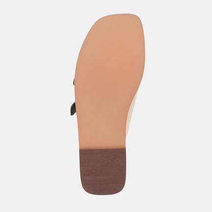Elegant Beige Faux Leather Square Toe Slide Flat Summer Sandals