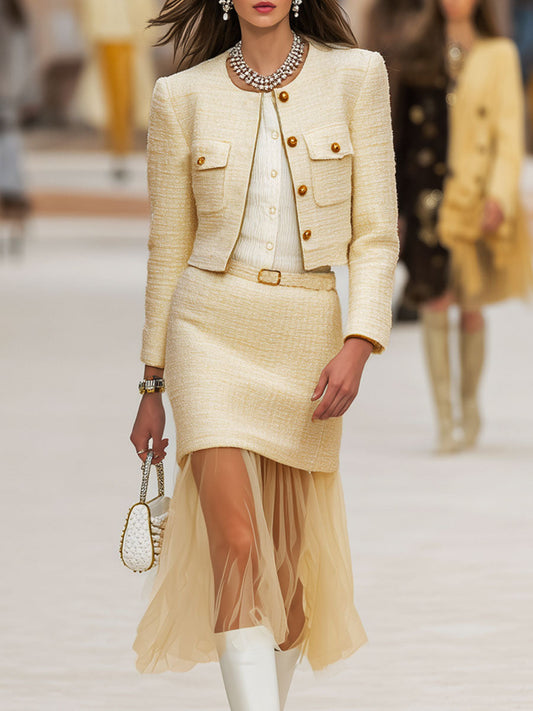 Elegant Textured Fabric Patchwork Organza Jacket And Skirt Set