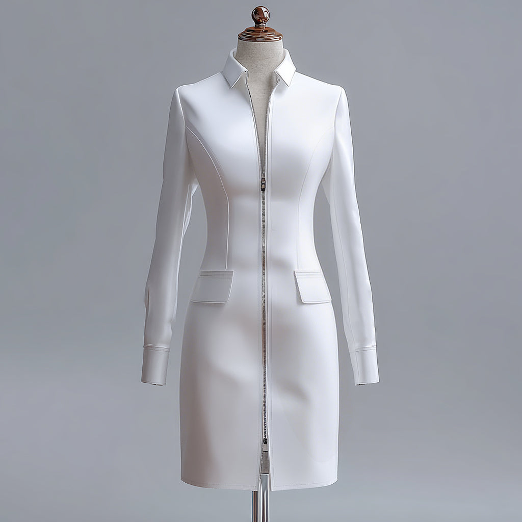 Ursime Shirt Collar Long Sleeve Two-Way Zipper PU Midi Dress