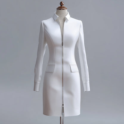 Ursime Shirt Collar Long Sleeve Two-Way Zipper PU Midi Dress