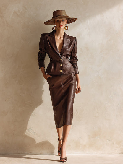 Elegant High-end Brown Faux Leather Suit And Skirt Set