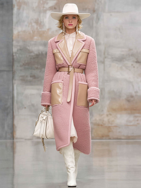 Fashion Retro Pink Lapel Polar Fleece Stitching Faux Leather Mid-Length Coat