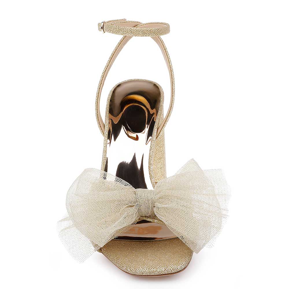 Full-Gold Fabric Bow Inlay Ankle Strap Block Heel Classy Sandals