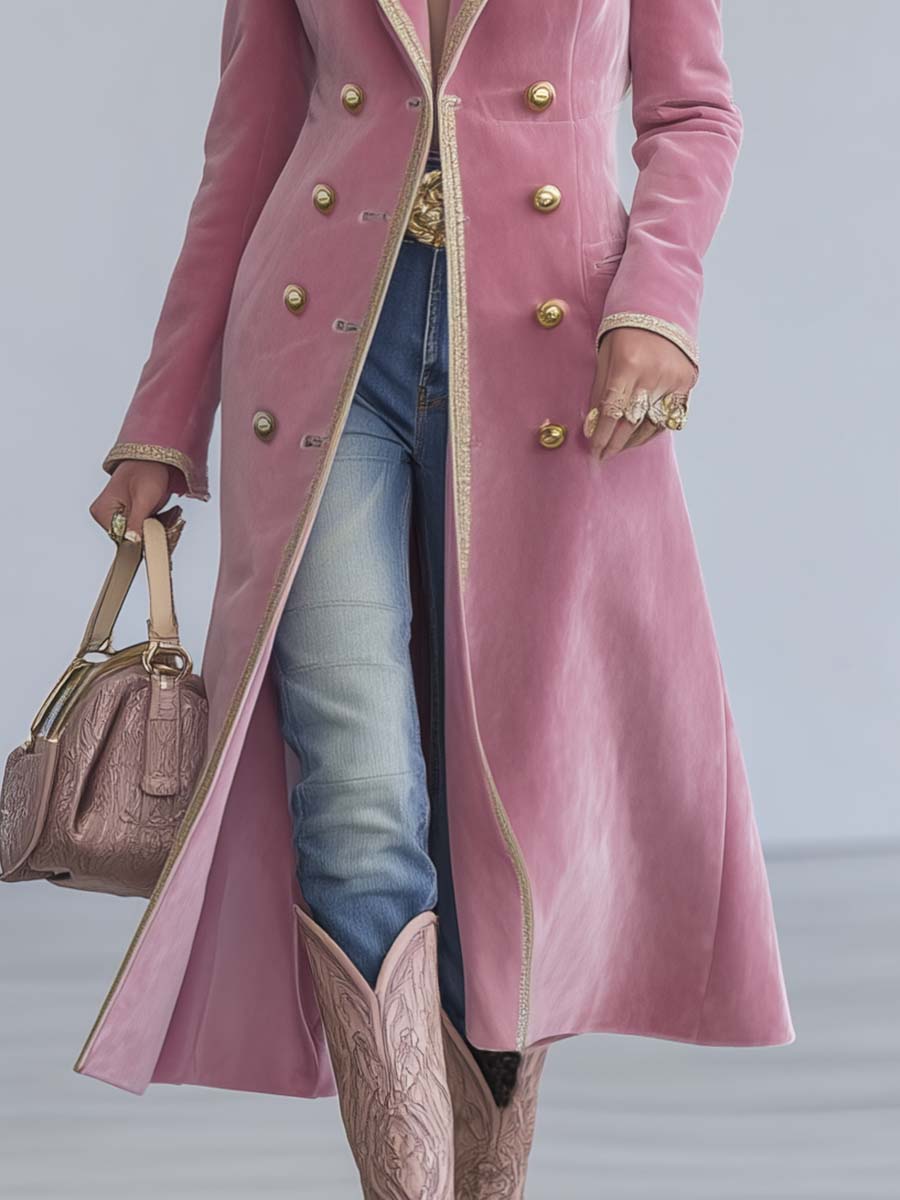 Exquisite Western Retro Large Lapel Front Metal Button Beige Trim Light Pink Velvet Coat