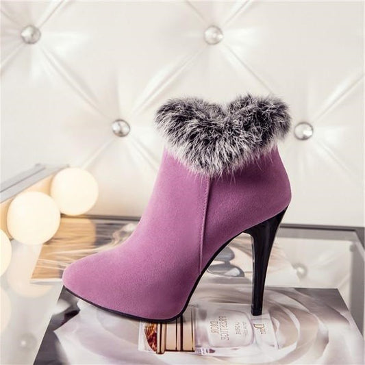 Elegant Purple Vegan Suede Faux Fur Trim Heeled Winter Ankle Boots