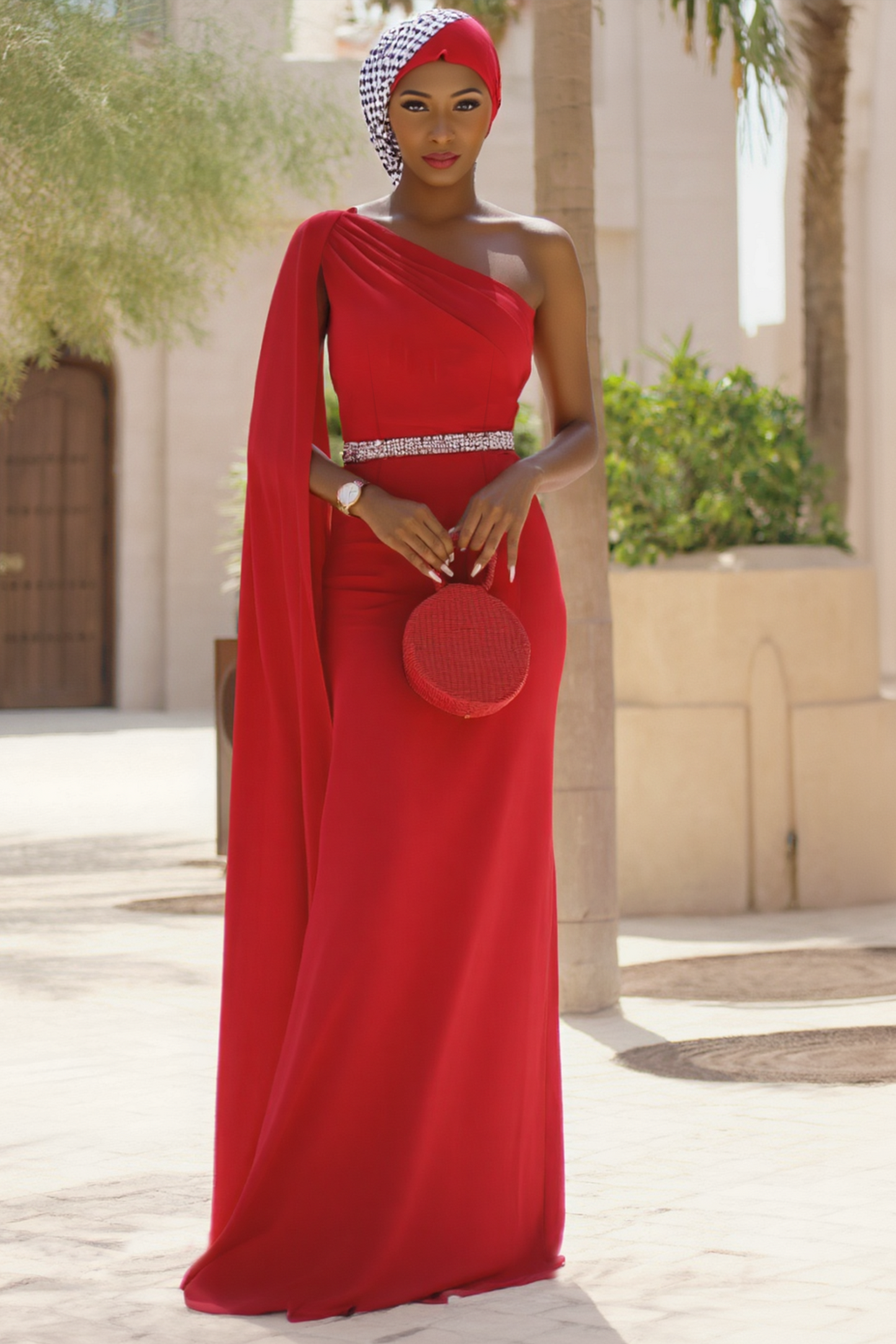 Formal Dress Red One Shoulder Belted Floor-Length Dress