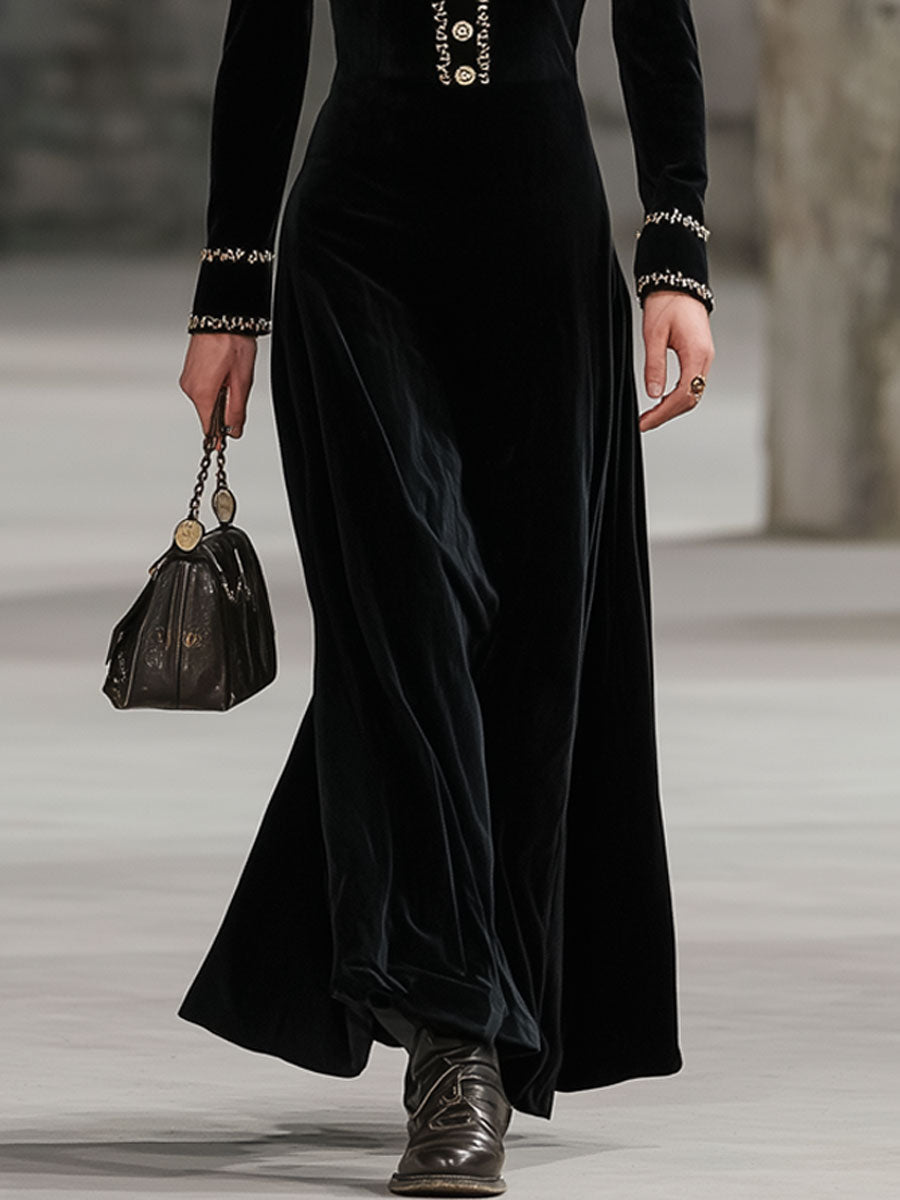 Fashion Retro Gold-Trimmed Black Velvet Long-Sleeved Maxi Dress