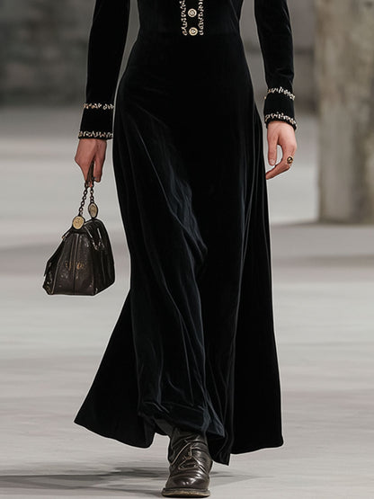 Fashion Retro Gold-Trimmed Black Velvet Long-Sleeved Maxi Dress