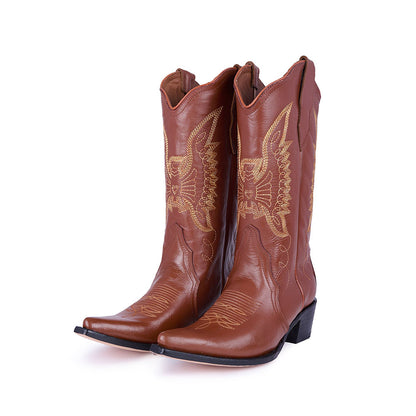 Embroidered Bird Mid-Calf Snip Toe Brown Cowgirl Boots for Women