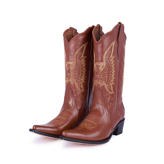Embroidered Bird Mid-Calf Snip Toe Brown Cowgirl Boots for Women