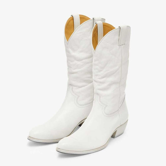 Elegant White Low Chunky Heel Round Toe Mid-Calf Cowgirl Boots