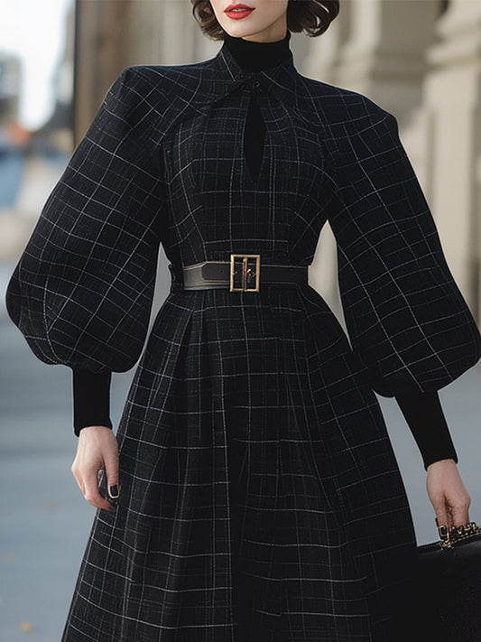 Elegant Wool-blend Black Plaid Belted Maxi Dress