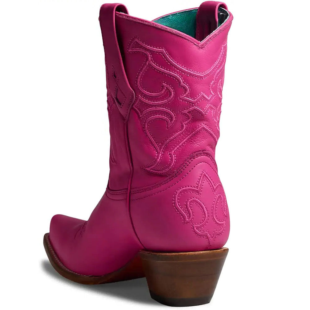 Fuchsia Snip Toe Chunky Heel Embroidered Pull-On Cowgirl Boots