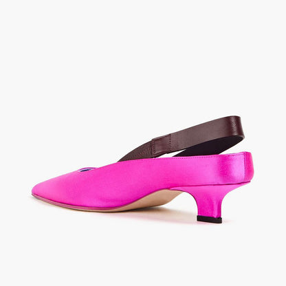 Fuchsia & Brown Satin Pointed Toe Kitten Heel Slingback Pumps