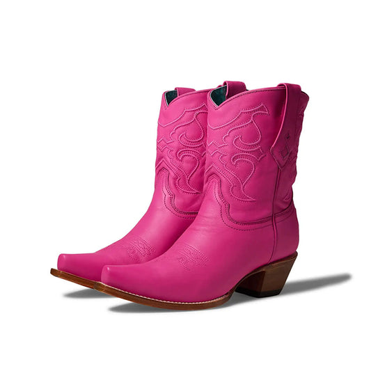 Fuchsia Snip Toe Chunky Heel Embroidered Pull-On Cowgirl Boots