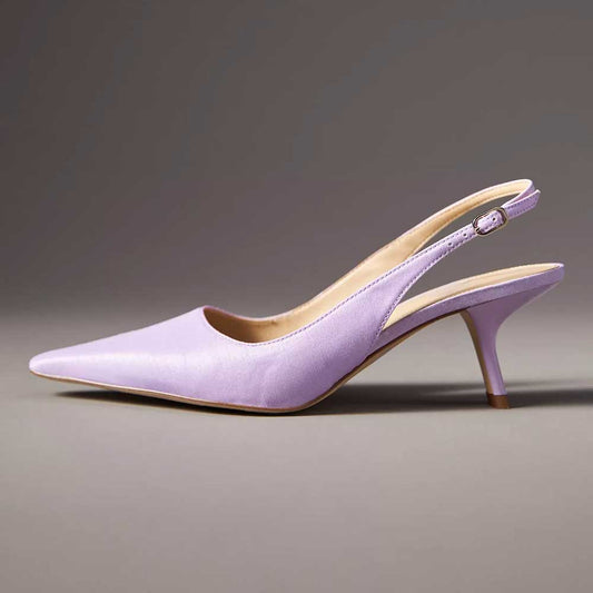 Elegant Lavender Satin Pointed Toe Buckled Slingback Pumps Heels