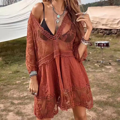 Lace Detail Plunge Cover-Up Dress/Bikini Cover Ups