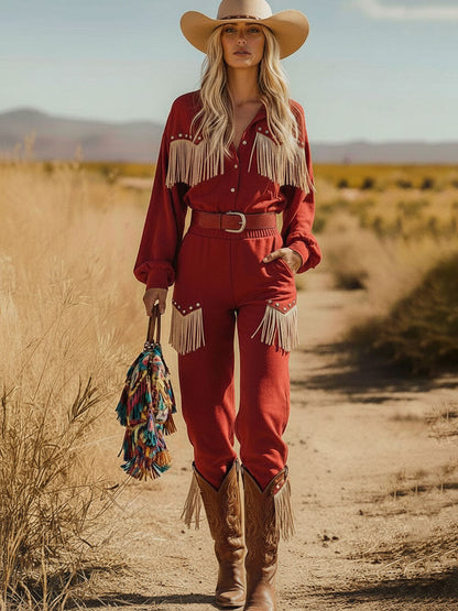 Western Retro Red Faux Suede Long Sleeve Shirt Lace-Up Tassel Pants Set