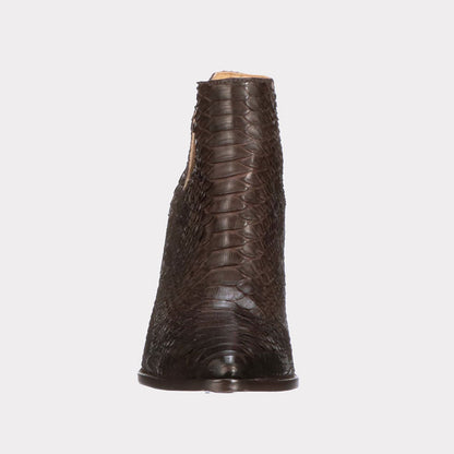 Deep-V Python Pattern Block Heel Chocolate Brown Pointed Toe Boots