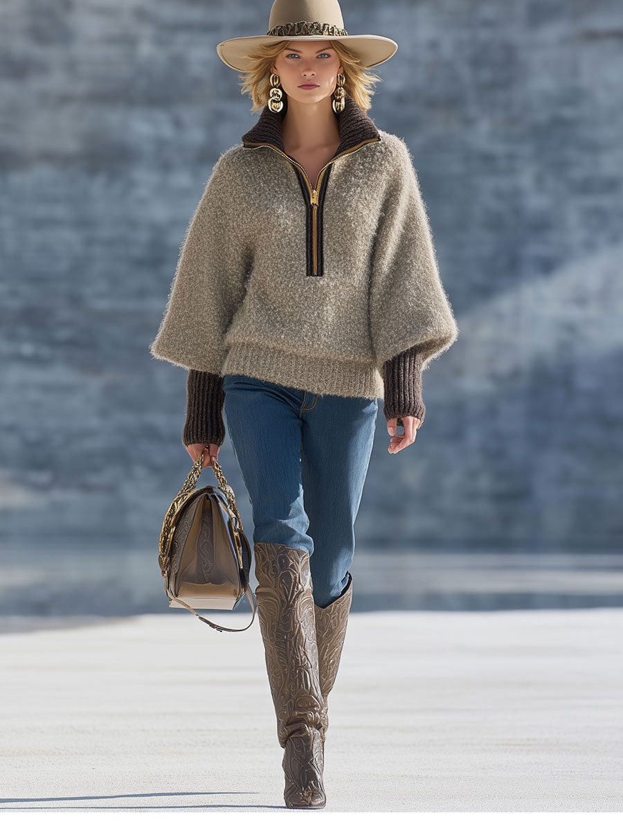 Fashion Vintage Khaki Mohair Zipper Sweater