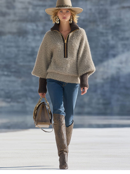 Fashion Vintage Khaki Mohair Zipper Sweater