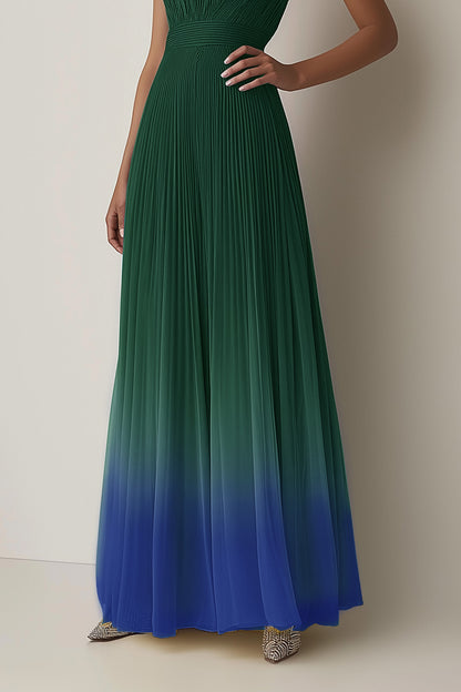 Evening Halter Dress Green-Blue Ombre Pleated Chiffon Maxi Dress