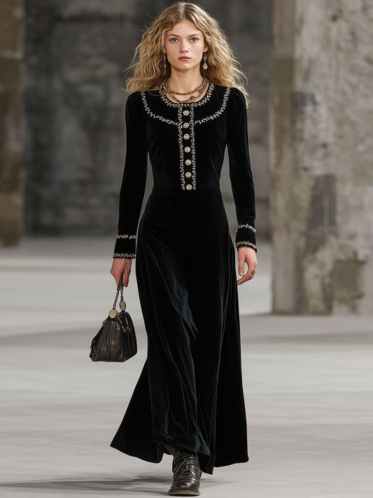Fashion Retro Gold-Trimmed Black Velvet Long-Sleeved Maxi Dress