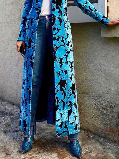 Fashionable Vintage Floral Pattern Lapel Collar Velvet Blazer Long Coat