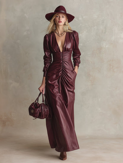 Elegant Burgundy Red Faux Leather Pleated Waist Long Sleeve Maxi Dress
