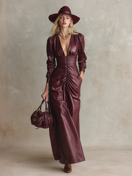 Elegant Burgundy Red Faux Leather Pleated Waist Long Sleeve Maxi Dress
