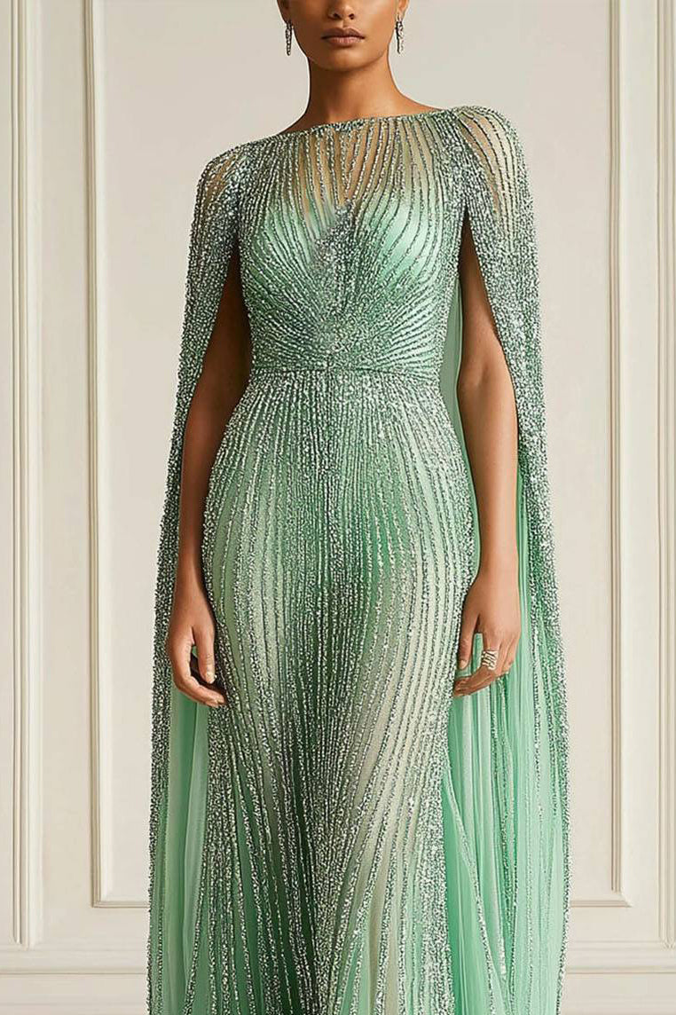Evening Formal Gown Tulle Foil Fabric Cape Boat Neck Maxi Dress