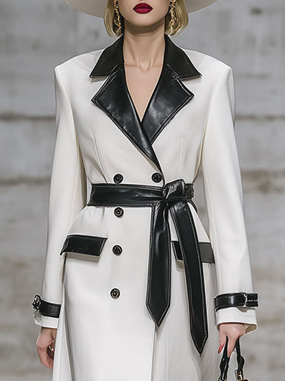 Elegant Urban Lapel White Stitching Faux Leather Mid-Length Coat