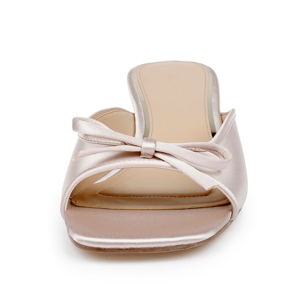 Elegant Champagne Open Square Toe Bow Chunky Heel Slide Sandals