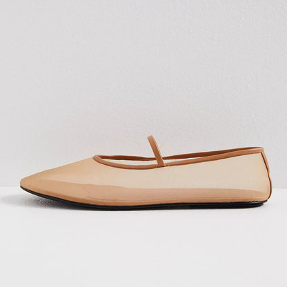 Beige Mesh Round Toe Flat Strappy Ballet Shoes