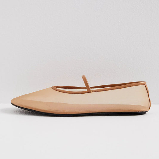 Beige Mesh Round Toe Flat Strappy Ballet Shoes