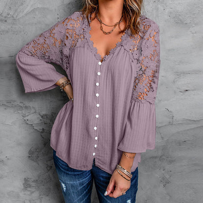 Everyday Hollow Guipure Lace Flare Sleeve V Neck Button Blouse