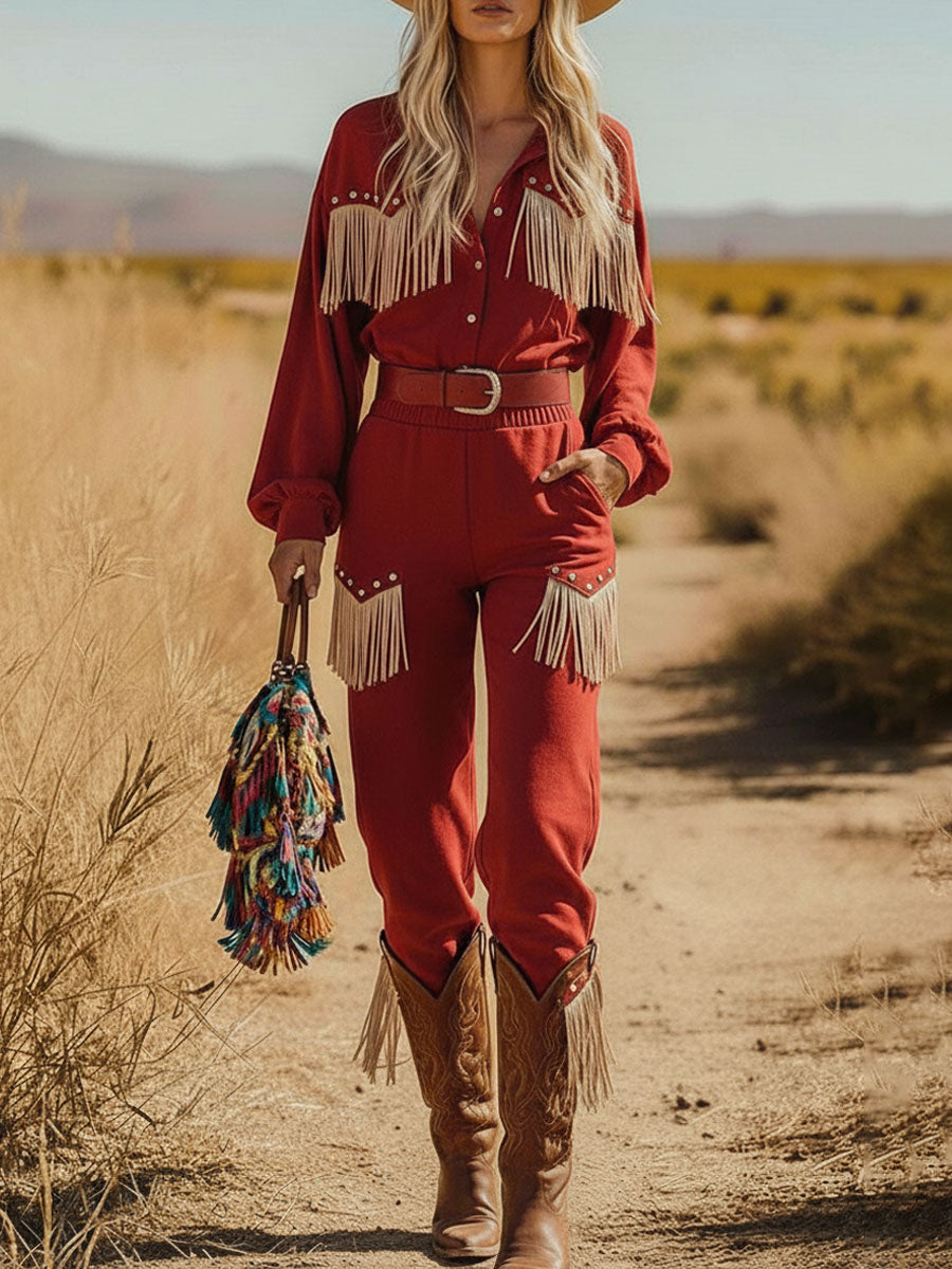 Western Retro Red Faux Suede Long Sleeve Shirt Lace-Up Tassel Pants Set