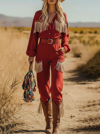 Western Retro Red Faux Suede Long Sleeve Shirt Lace-Up Tassel Pants Set