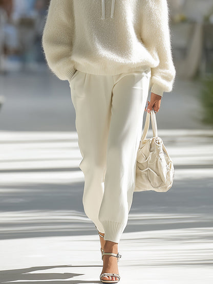 Fashionable White Bear Ear Hooded Plush Knitted Sweater and Pants Set