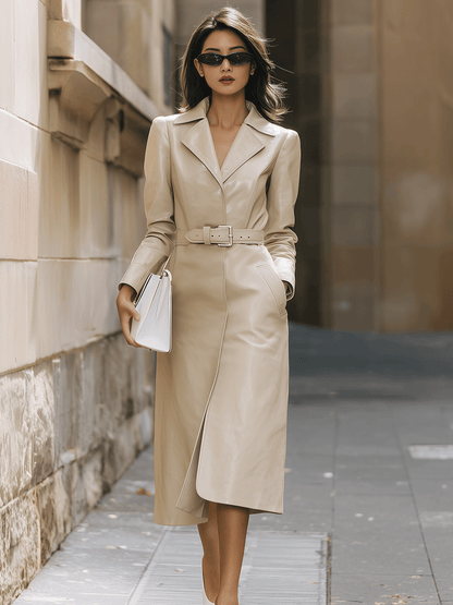 Beige Faux Leather Belted Trench Dress