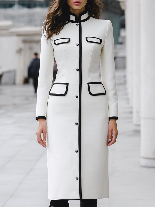 Elegant Contrast-Trim Long Sleeves Dress