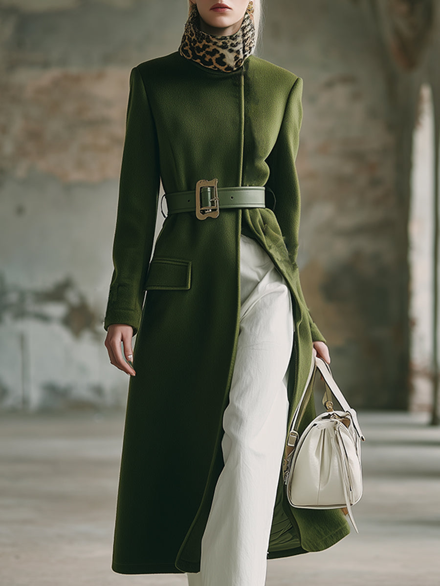 Elegant Retro Leopard Fur Collar Moss Green Wool Coat