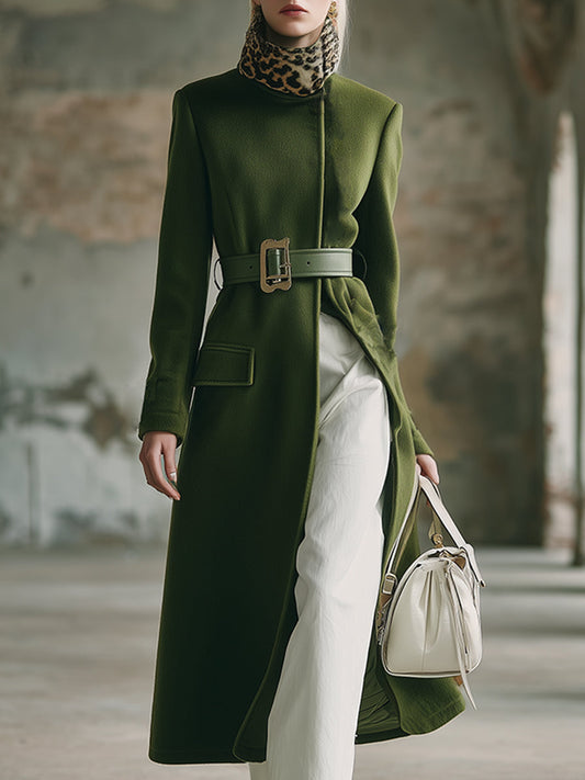 Elegant Retro Leopard Fur Collar Moss Green Wool Coat