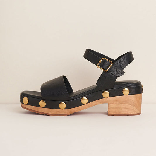 Ankle Strap Block Heel Studded Black Platform Sandals for Women