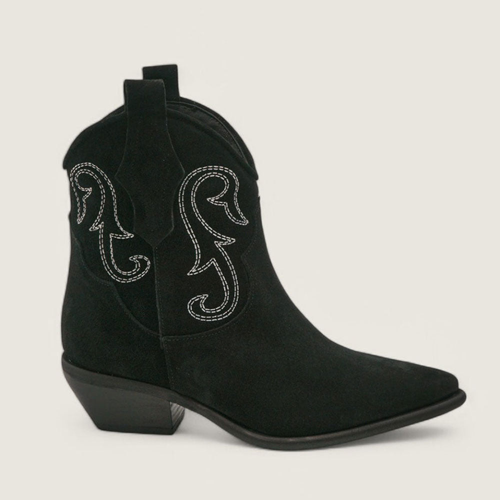 Faux Suede Chunky Heel Embroidered Black Cowgirl Boots for Women