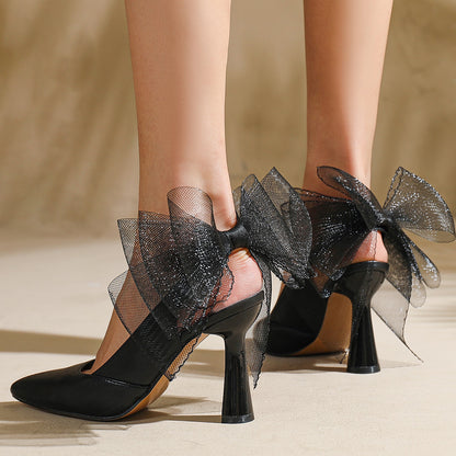 Elegant Black Pointed Toe Flared Heel Slingback Pumps with Mesh Bow