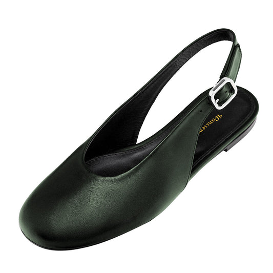 Dark Green Vegan Leather Buckle Flat Slingback Closed Toe Shoes