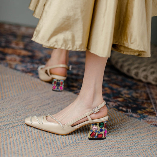 Beige Square Toe Decorative Heel Pearl Slingback Pumps