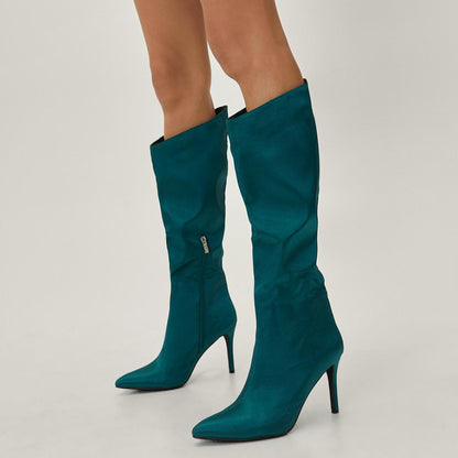 Dark Teal Satin Pointed Toe Elegant Stiletto Heel Tall Boots